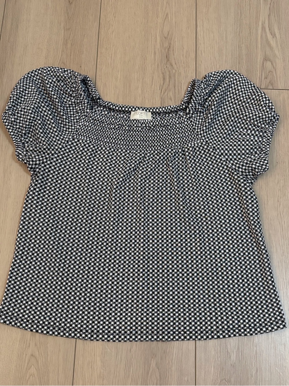 LOFT Black & White Gingham Puff Sleeve Square Neck Top